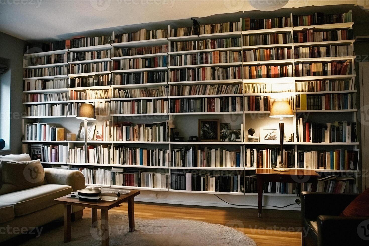 elegant och sofistikerad en samtida bokhylla med ett elegant design, visa upp en fotorealistisk bakgrund av en studie fylld med böcker generativ ai foto