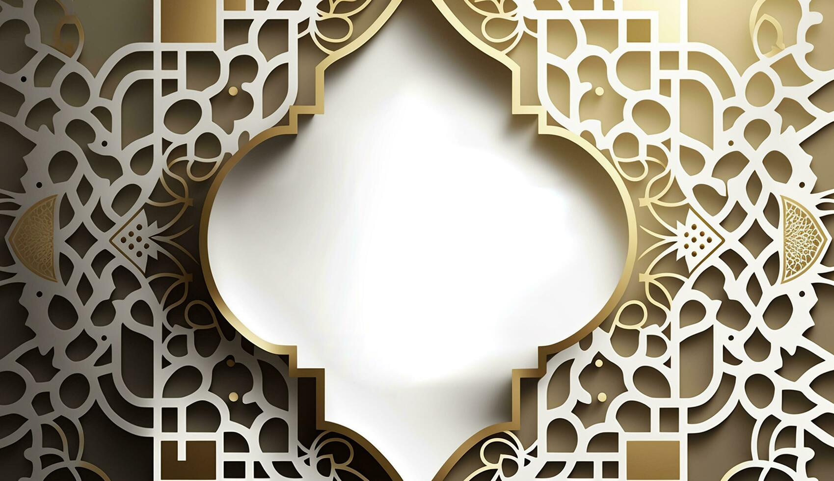 3d framställa moské element i utsmyckad arabiska, islamic arkitektur stil interiör. vit, gyllene färger, stjärnor ramadan kareem. muslim gemenskap festival. generativ ai foto