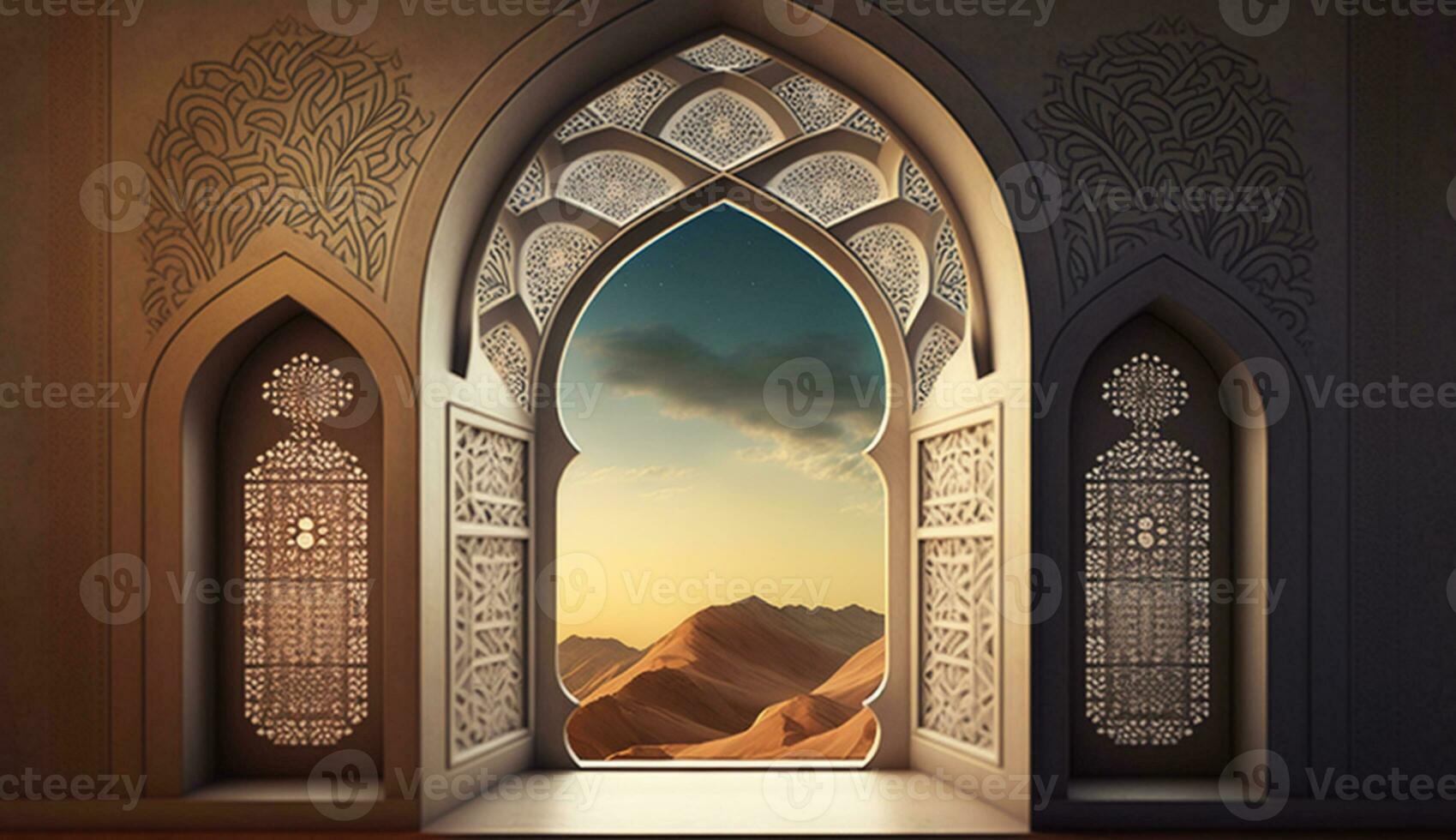 islamic moské interiör design, palats interiör med gyllene dekor, ai generativ foto
