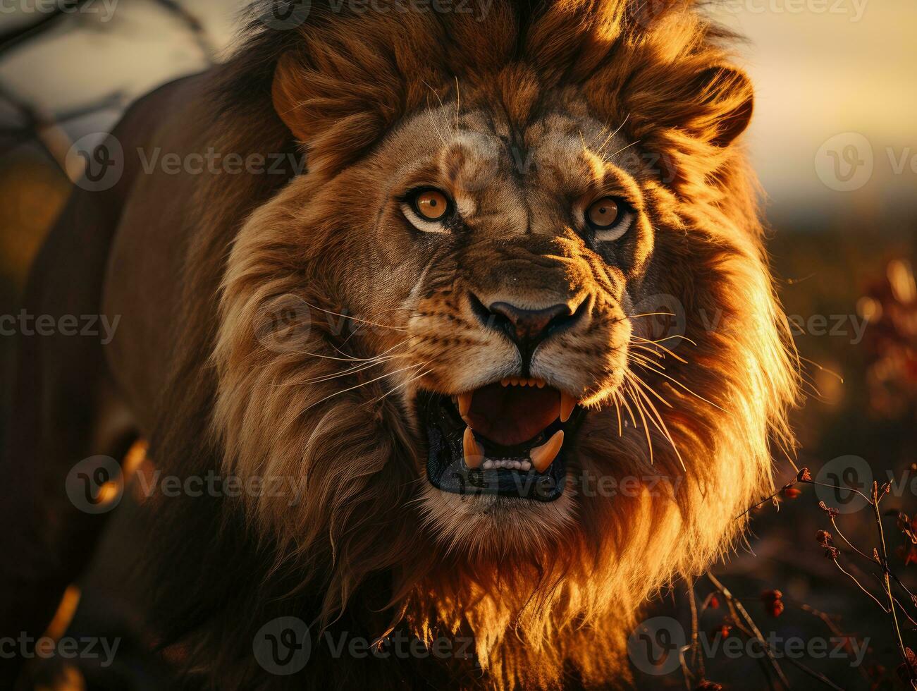 en fantastisk skott av en rytande lejon under solnedgång i de afrikansk savann. generativ ai foto
