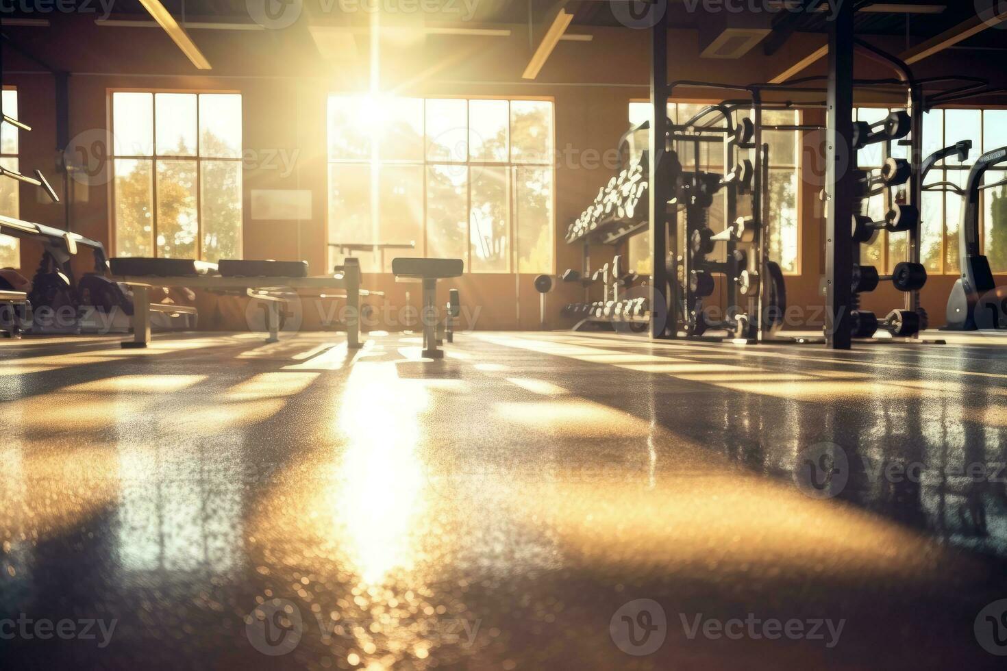 Gym interiör Foto med solljus läckande genom de fönster. generativ ai