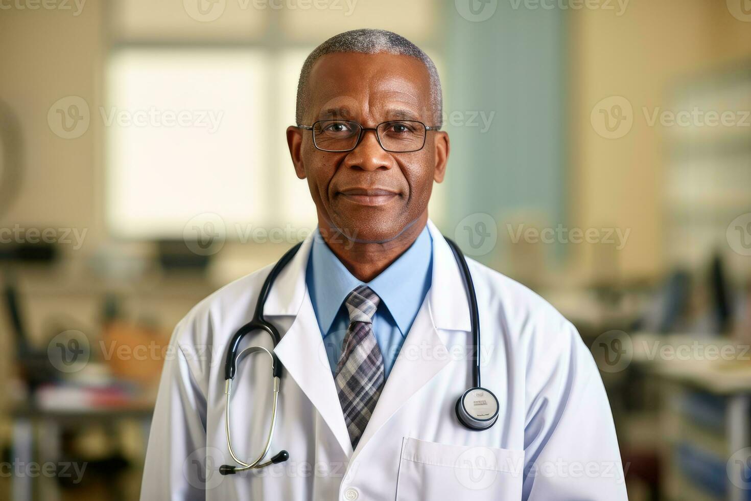 en porträtt skott av en manlig läkare bär en vit labb täcka och stetoskop. generativ ai foto