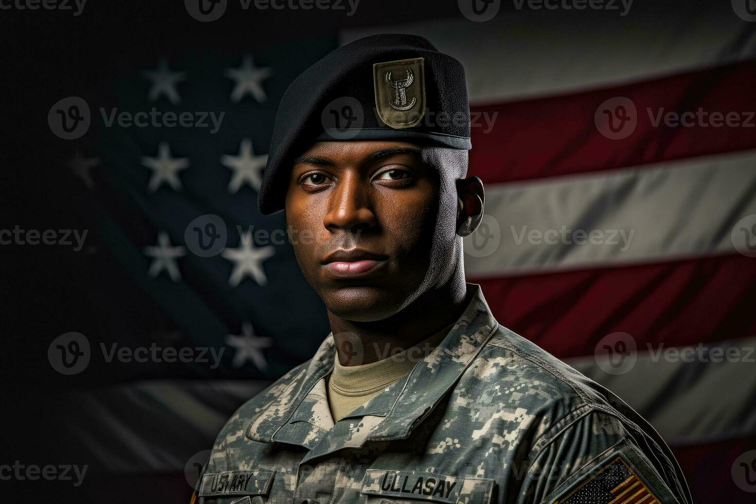 amerikan soldat i enhetlig stående lång och hälsar, med de amerikan flagga i de bakgrund. generativ ai foto