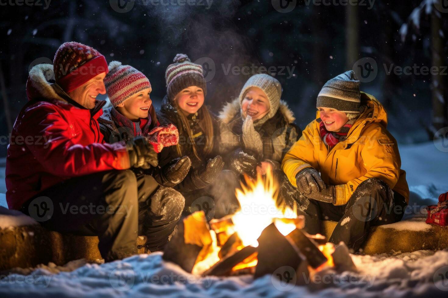 en Foto av en familj samlade in runt om en sprakande bål i de snö, rostning marshmallows och njuter varm kakao. generativ ai