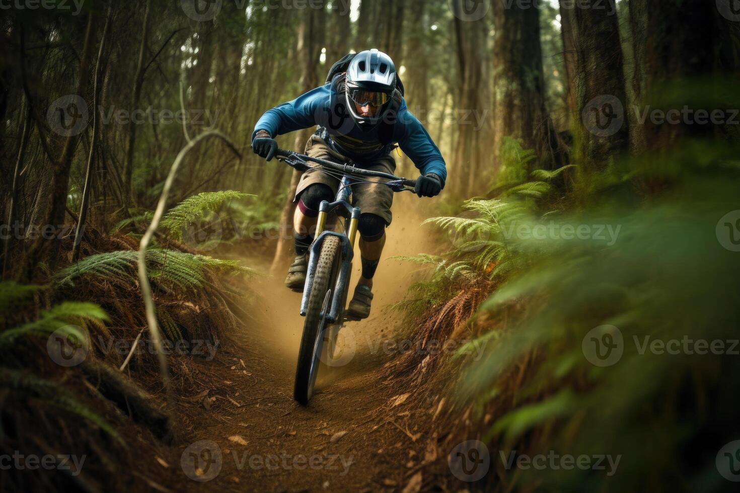 ett verkan skott av en berg cyklist fortkörning utför på en oländig spår. generativ ai foto