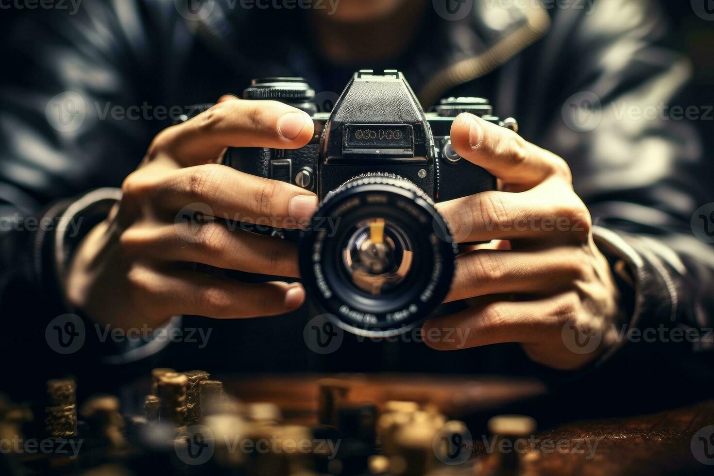 stänga - upp se av en professionell fotografens händer, visa upp de invecklad kontroller och inställningar av en kamera. generativ ai foto