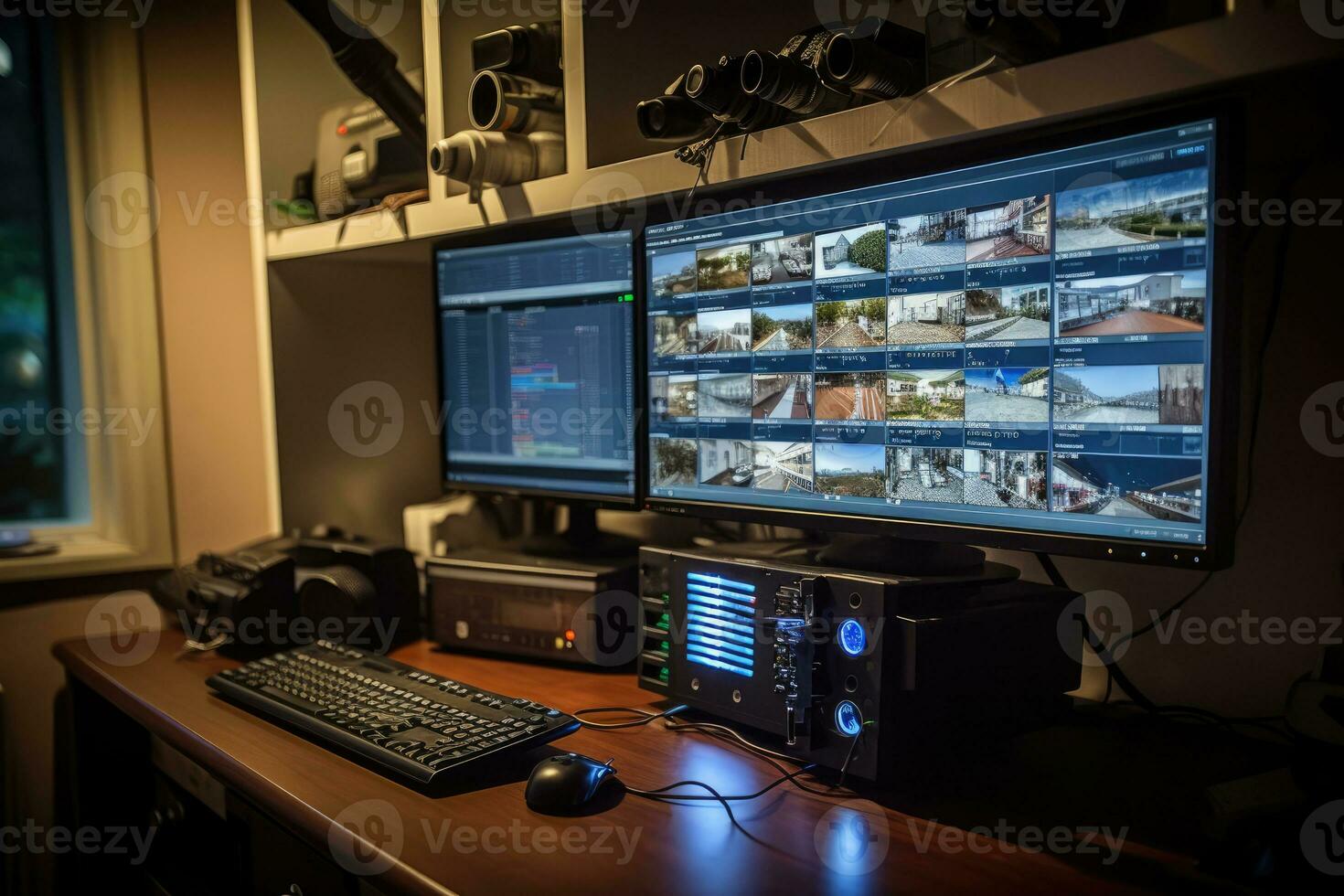 en stänga - upp Foto av en cCTV kamera övervaka visning leva antal fot från flera olika säkerhet kameror runt om en privat Hem. generativ ai
