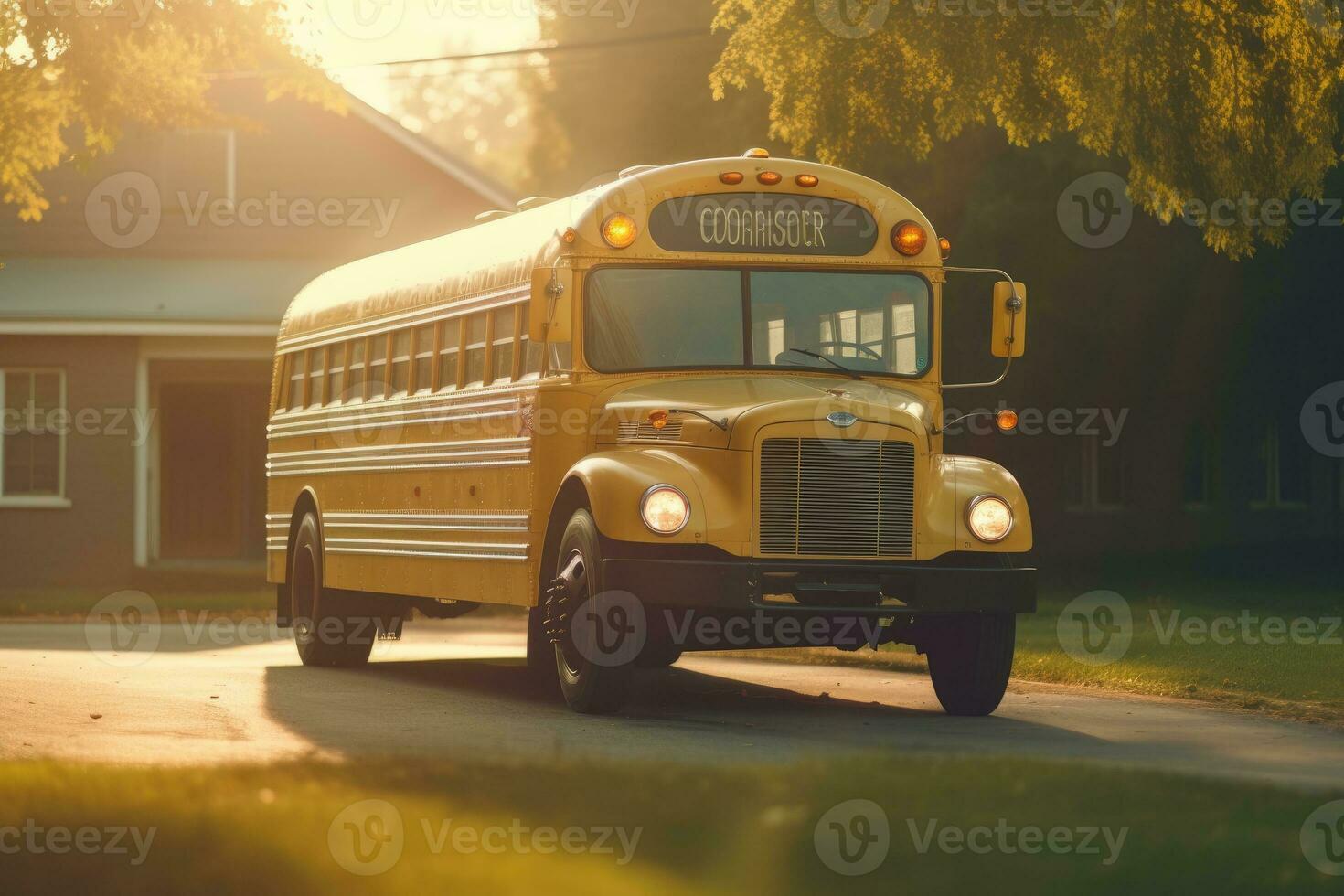 ett atmosfärisk upprättande skott av en skola buss i de mjuk morgon- ljus. generativ ai foto