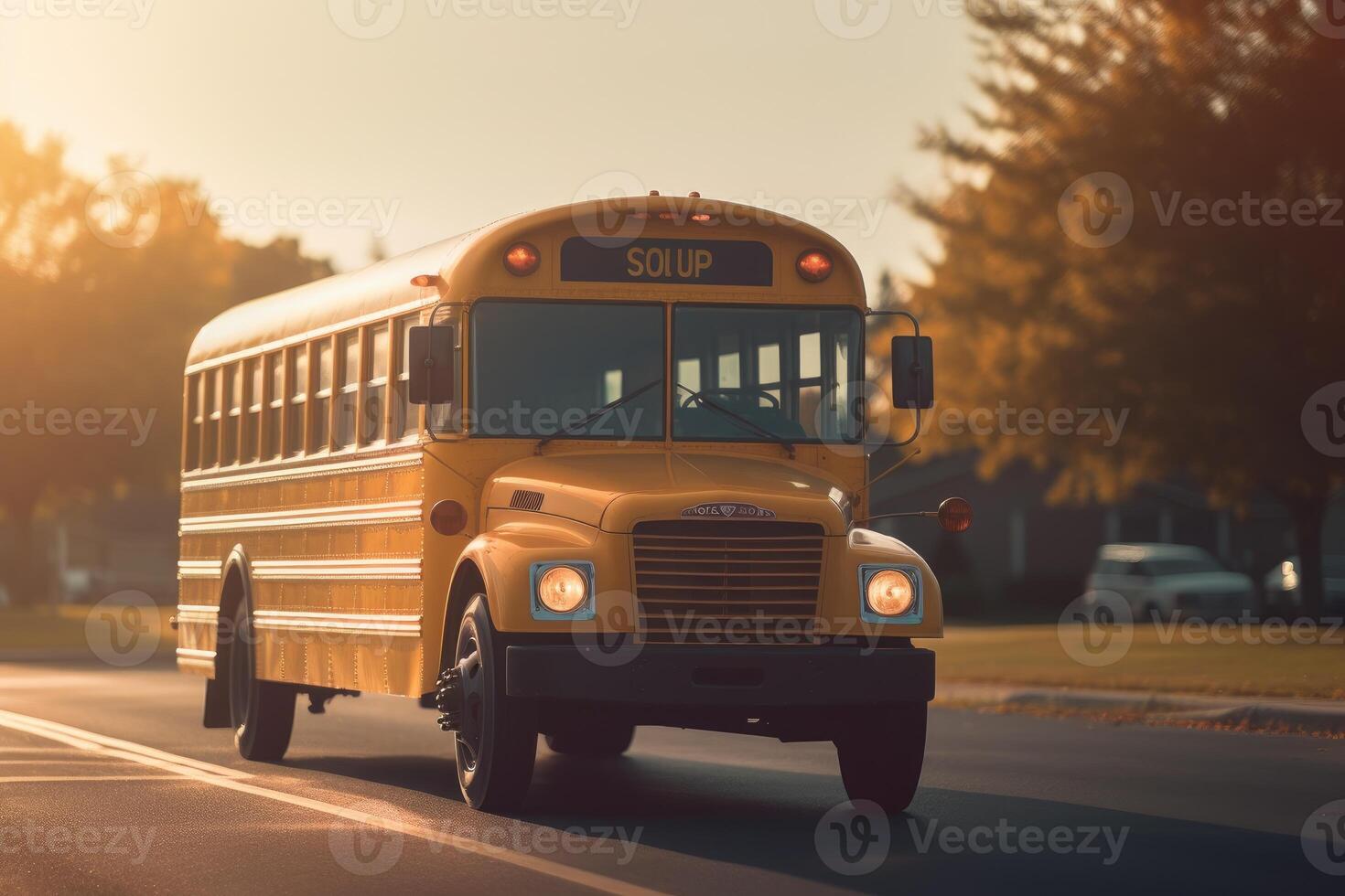 ett atmosfärisk upprättande skott av en skola buss i de mjuk morgon- ljus. generativ ai foto