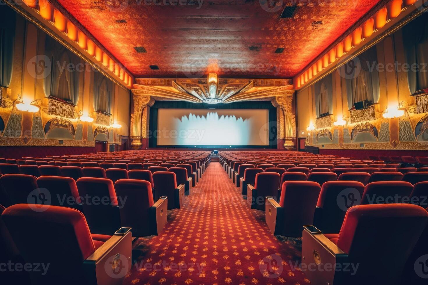 ett atmosfärisk miljö av ett gammal - fashioned film teater. de vagt belyst hörsal, Utsmyckad med sammet draperier. generativ ai foto