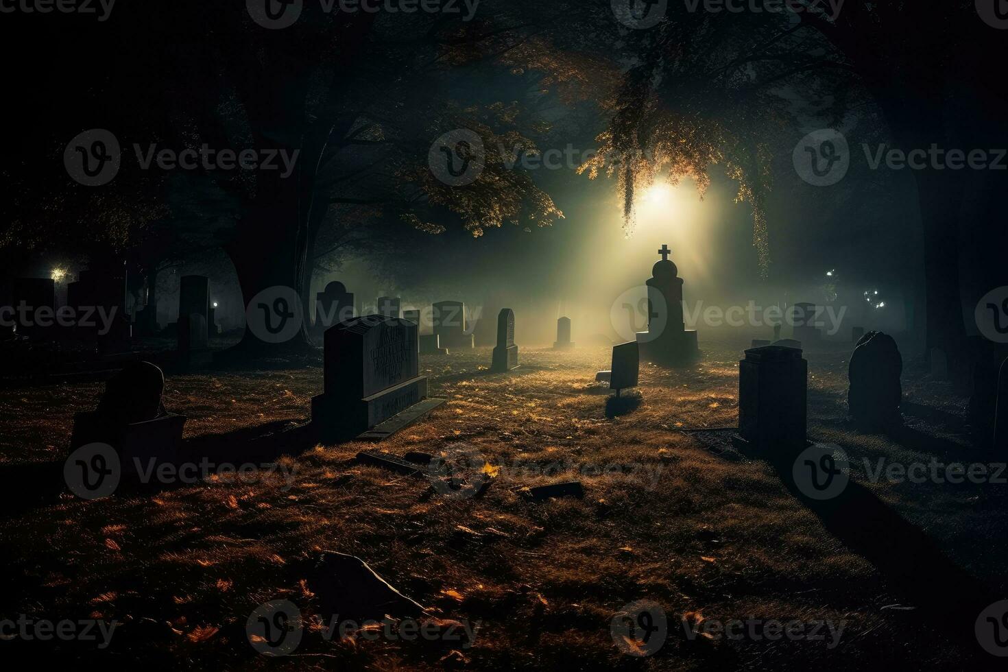 en stänga - upp fotografera skildrar en läskigt halloween scen i en mörk, månljus kyrkogård. generativ ai foto
