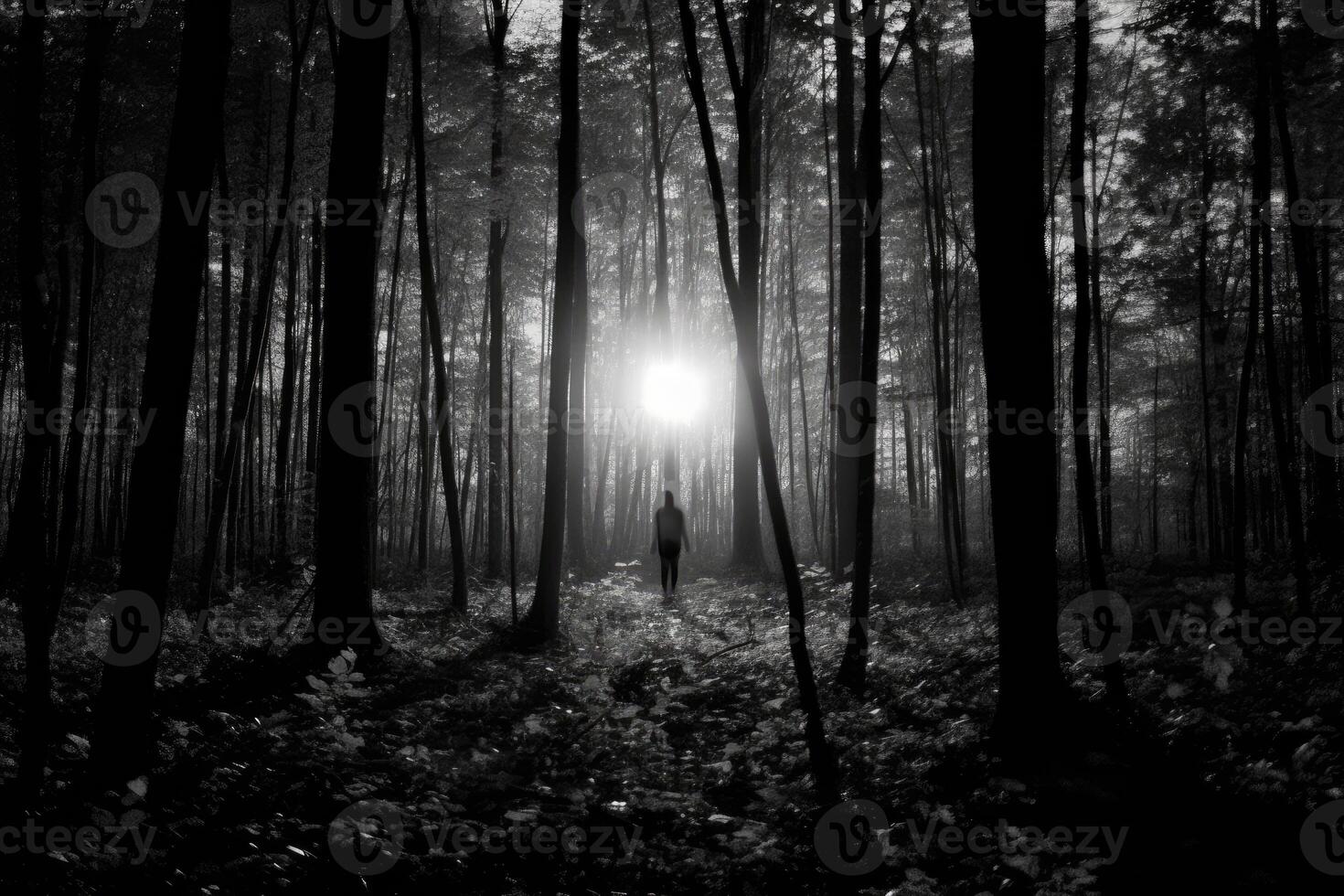 en häxa stående ensam i en skog clearing, silhouetted mot en enorm, lysande full måne. generativ ai foto