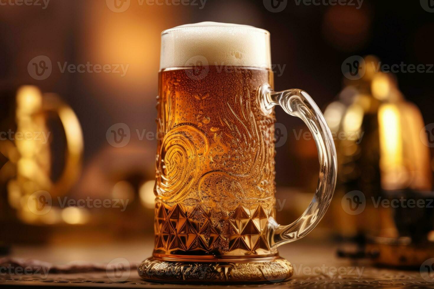 en stänga - upp Foto av en traditionell oktoberfest öl ölkrus fylld med skummande öl. generativ ai