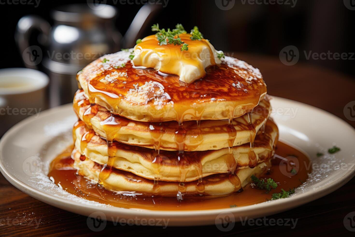 stänga - upp skott, en höga stack av amerikan - stil pannkakor. generativ ai foto