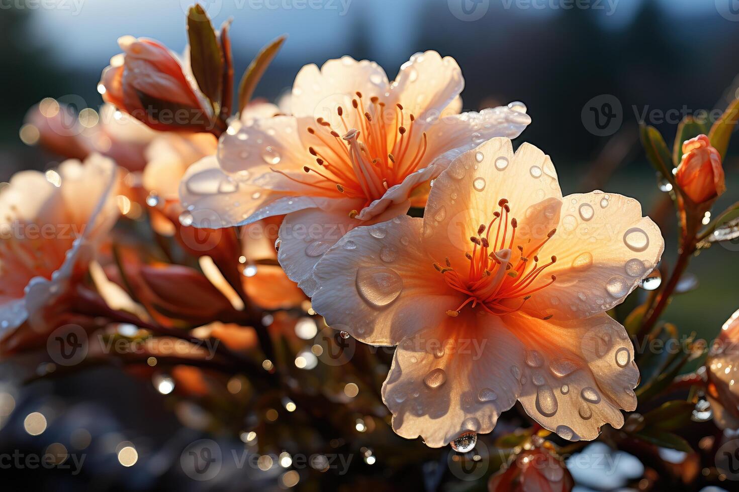 stänga - upp skott av dagg - täckt vår blommar. generativ ai foto