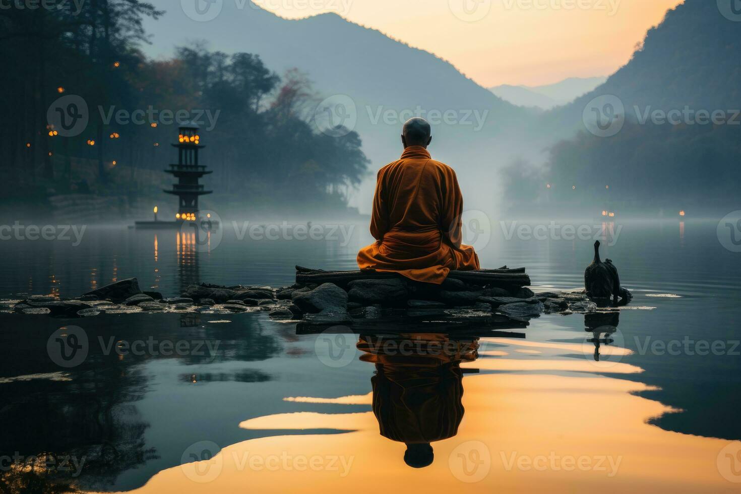 munk mediterar på de kant av en lugn sjö på gryning. generativ ai foto