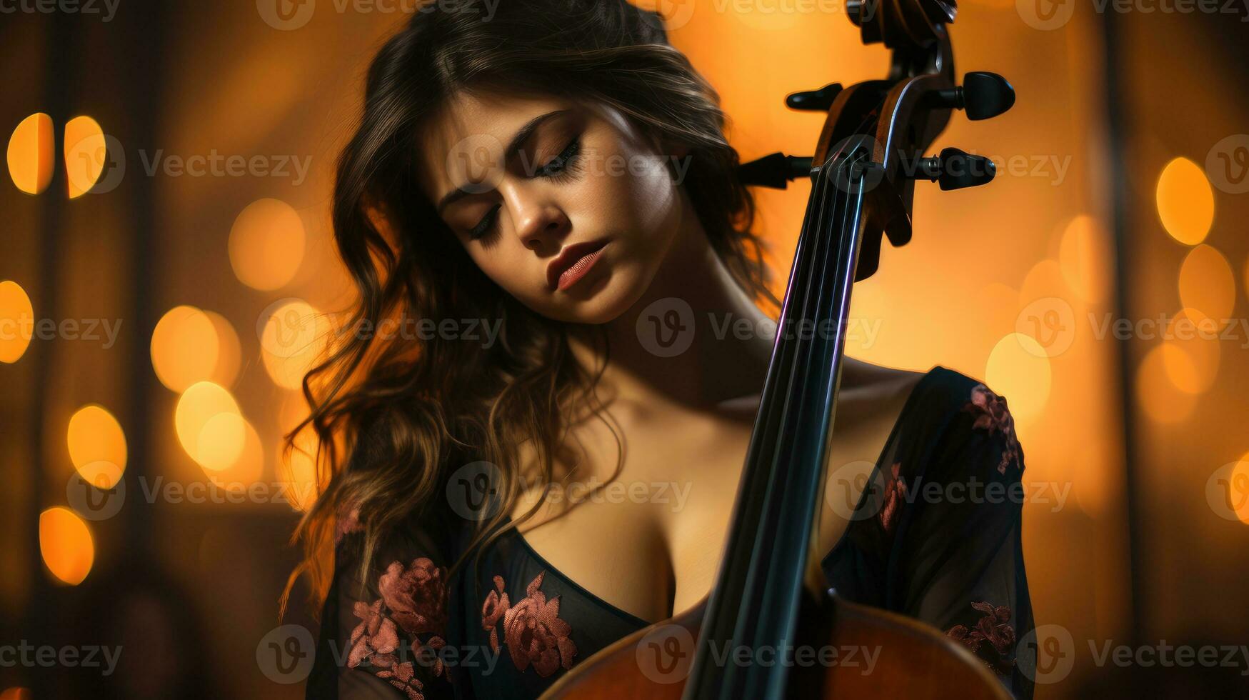 skön kvinna i svart klänning spelar cello. foto
