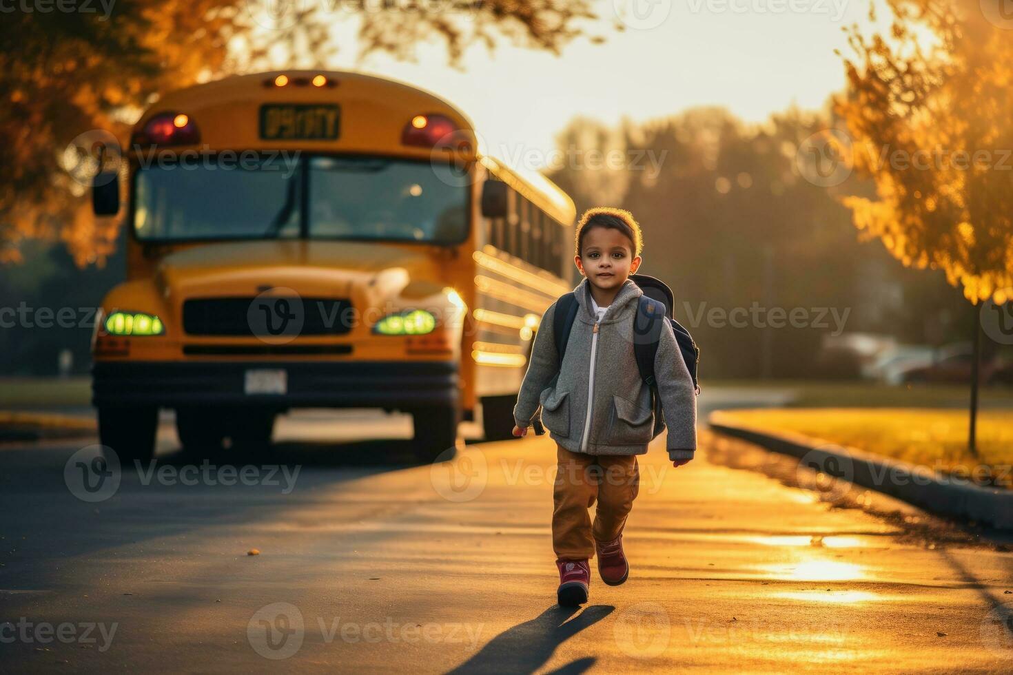 liten pojke löpning i främre av de skola buss. generativ ai foto