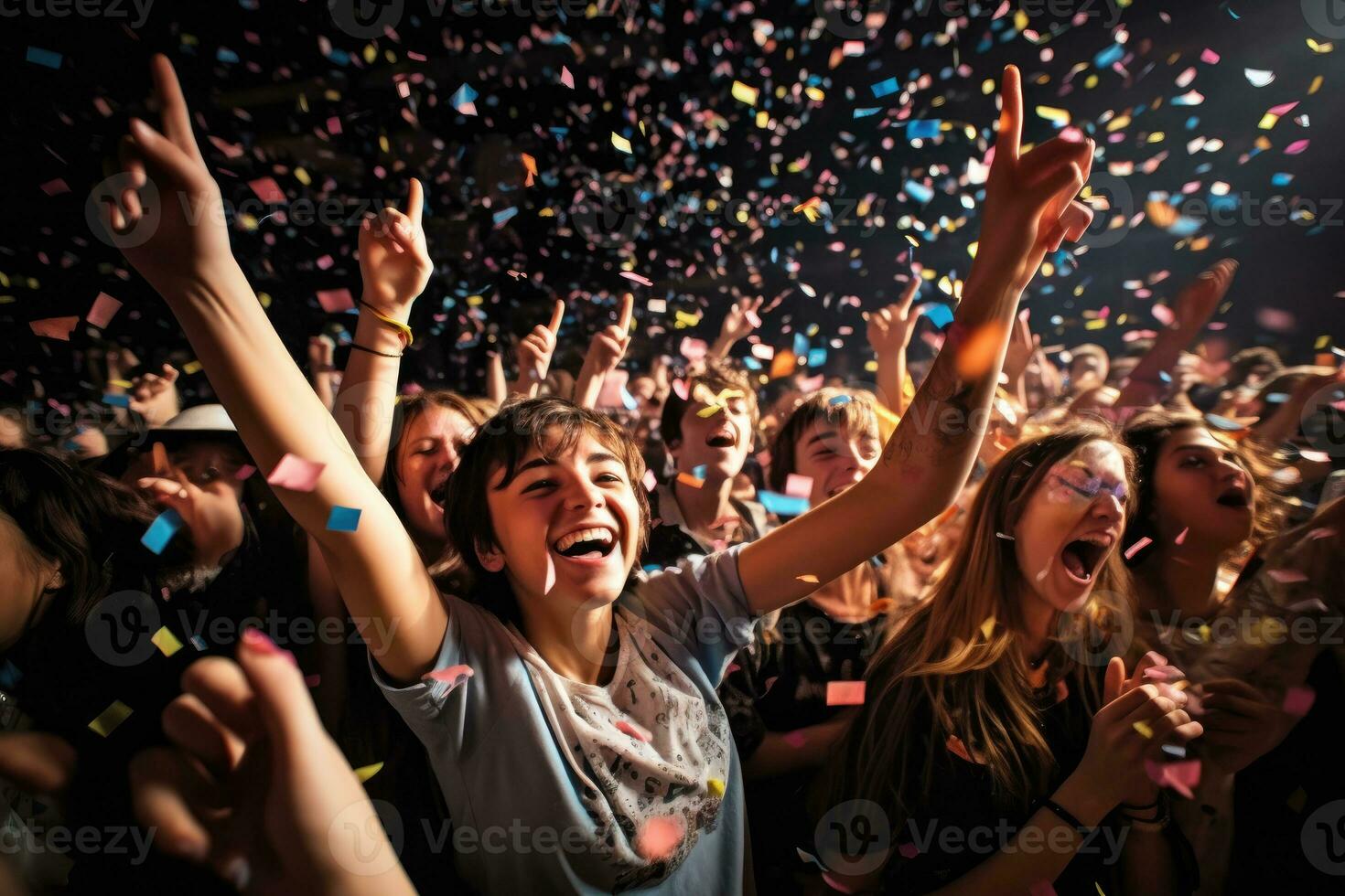 ett energisk folkmassan skott på en födelsedag fest, med konfetti flygande genom de luft. generativ ai foto
