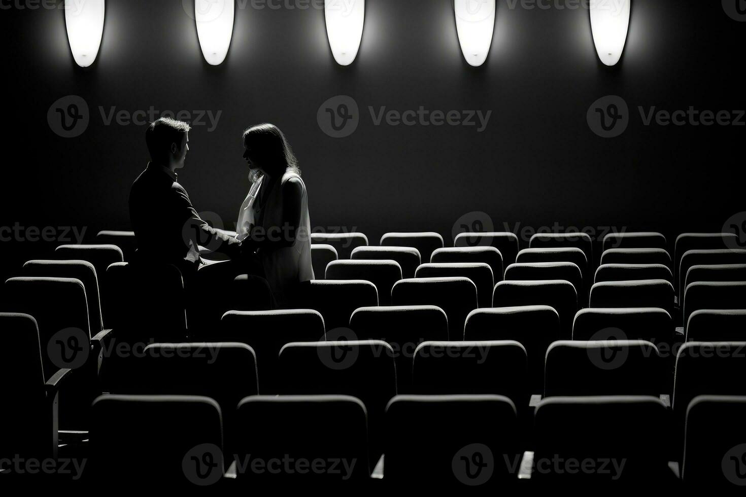 ett abstrakt representation av en par uppslukad i en filma på en teater. generativ ai foto