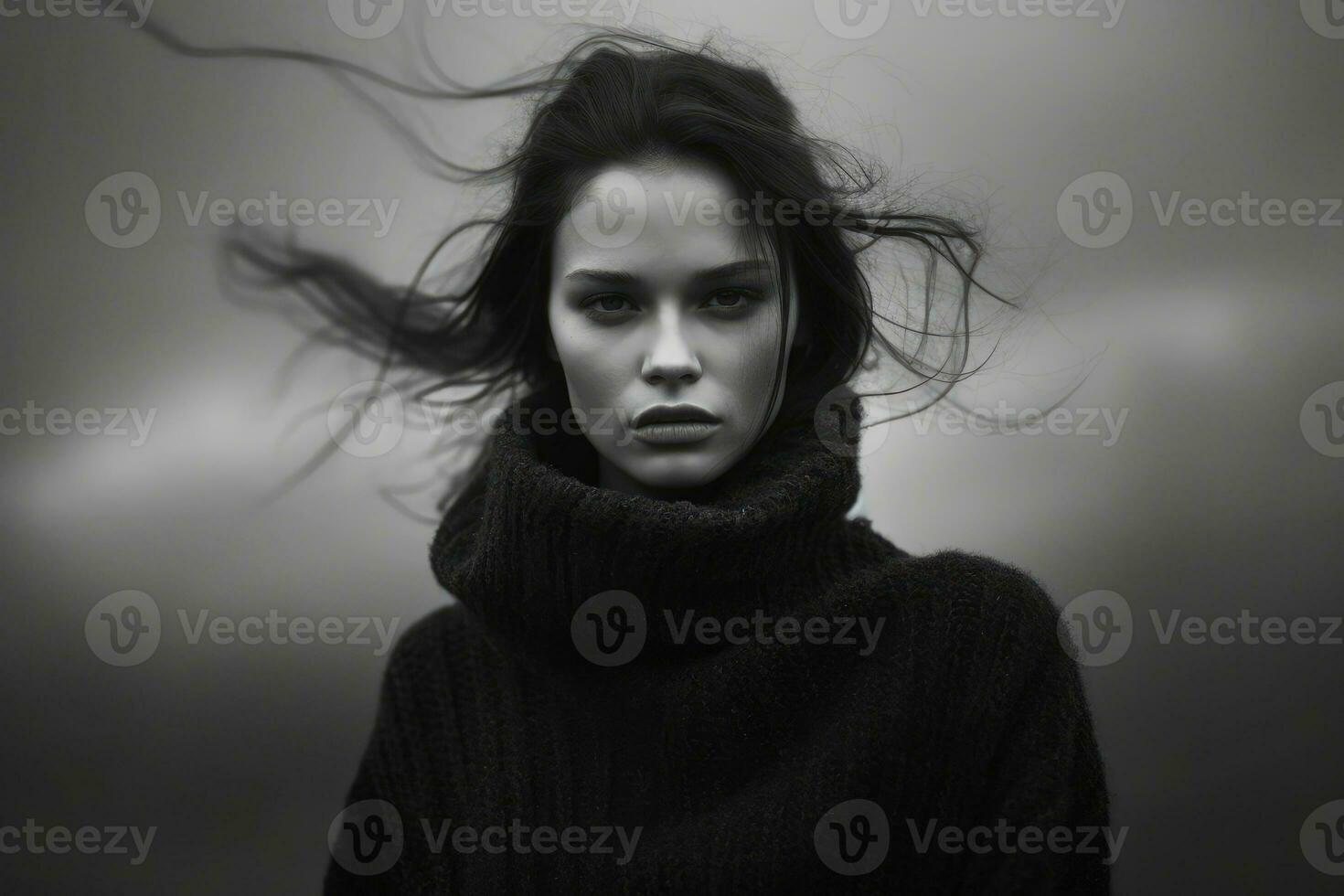 en dramatisk svart och vit kvinna modell porträtt den där framkallar en känsla av intensitet. generativ ai foto