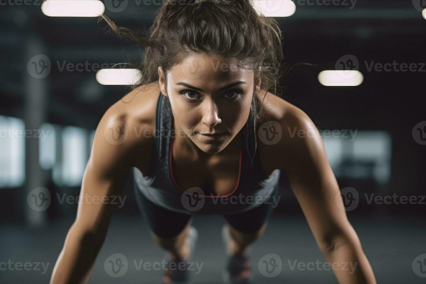 de styrka och rörlighet av en kvinna idrottare som hon engagerar i hög - intensitet intervall Träning på de Gym. generativ ai foto