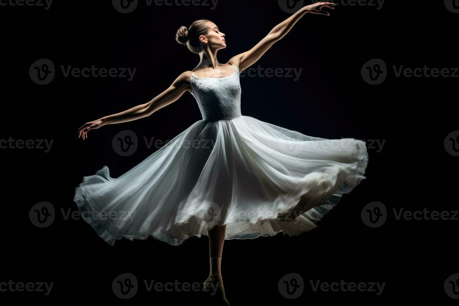 en stänga - upp skott av en ballerina i mitten - luft, frysta i en graciös utgör. generativ ai foto