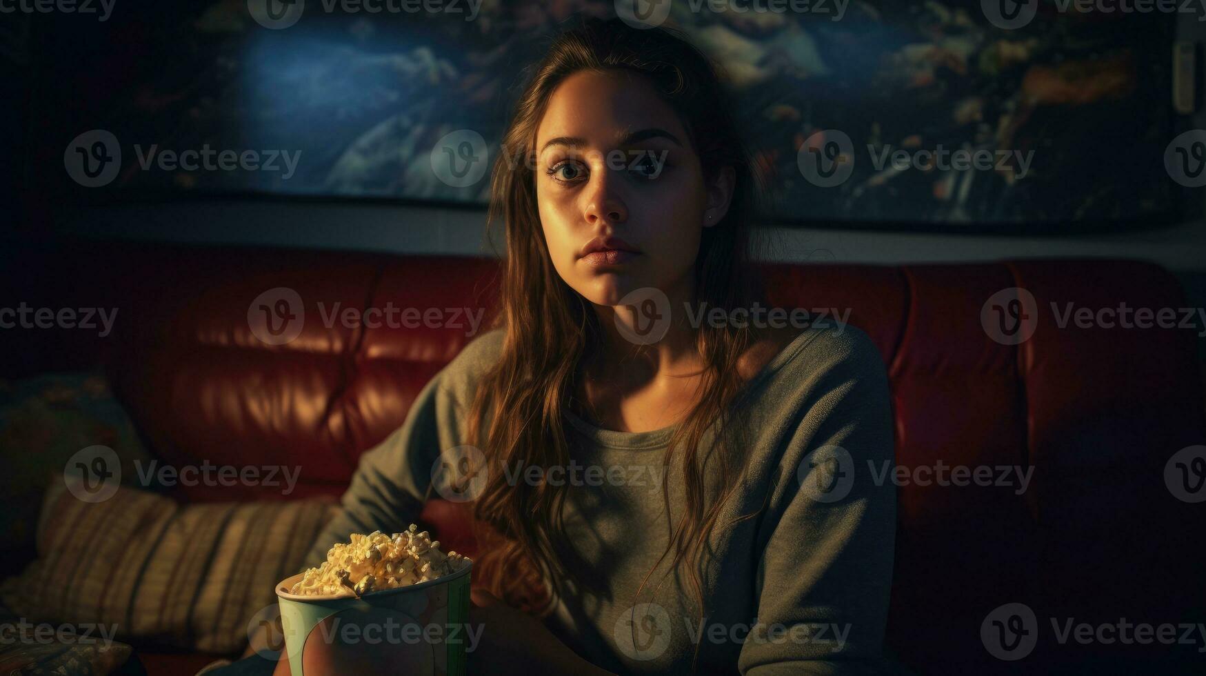 ung kvinna tittar på ett upphetsad film medan äter popcorn foto