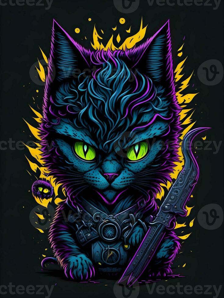 neon svart katt på svart bakgrund för halloween illustration foto