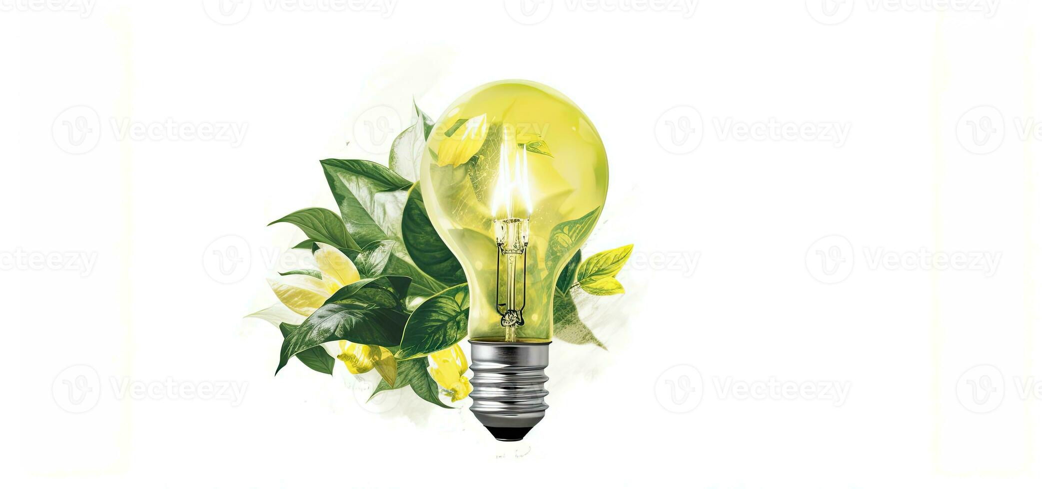 grön energi begrepp med ljus Glödlampa och grön löv. 3d tolkning, grön eco energi begrepp med ljus Glödlampa och växt ai generativ foto