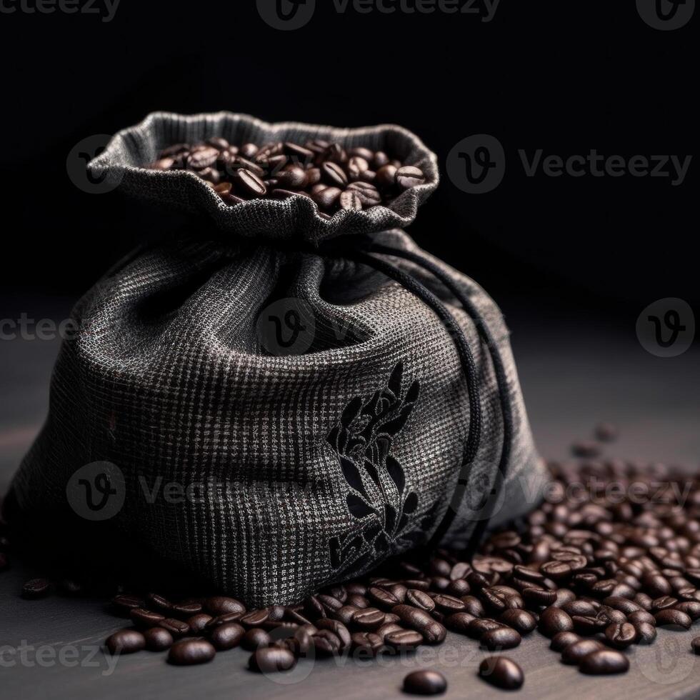 kaffe väska med kaffe bönor på rena yta. studio skott. ai generativ foto