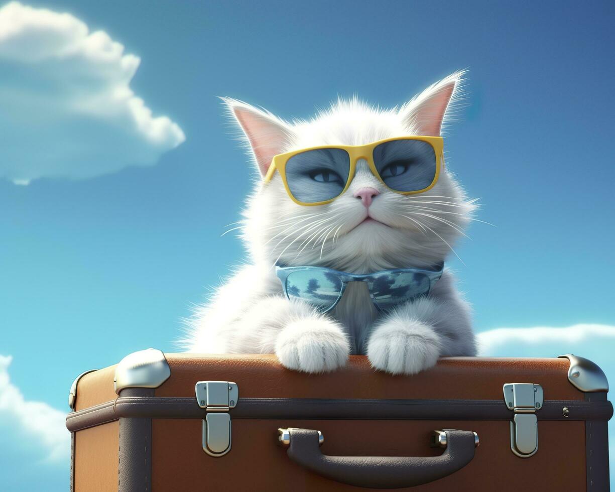 söt katt på blå resväska med solglasögon. ai generativ foto