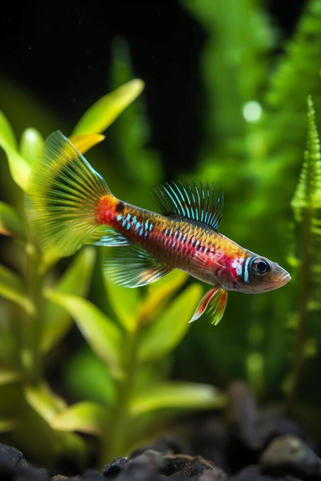 i de akvarium med växter och stenar. de spinytail har en mängd av Färg olika sorter Inklusive röd, orange, gul, blå och grön. ai generativ foto