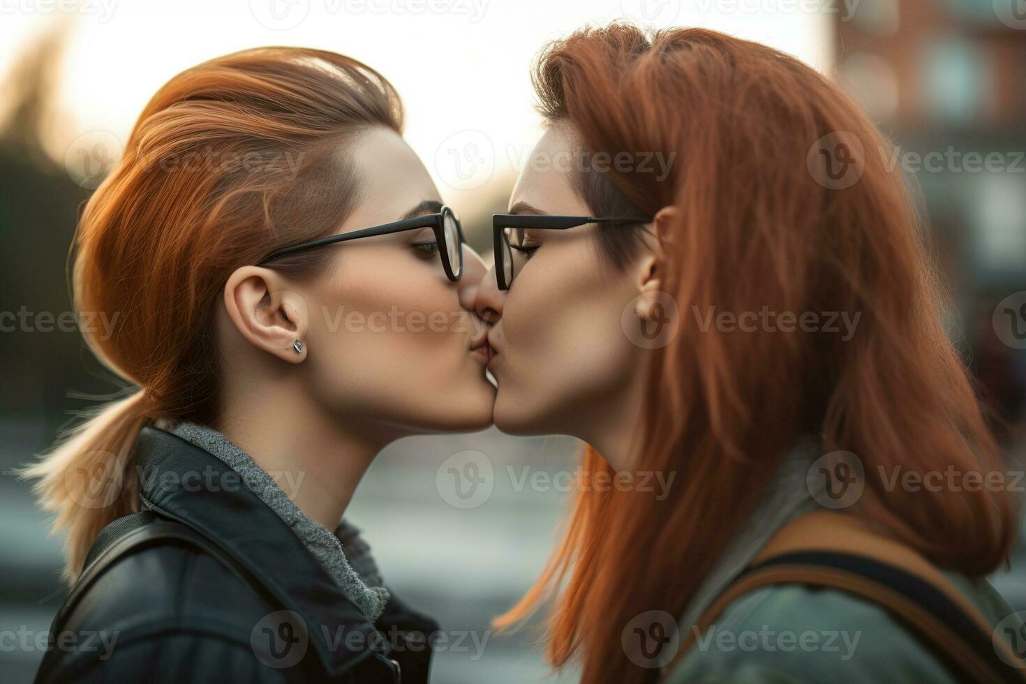 två ung kvinnor utgifterna tid tillsammans, kyssar. HBTQ, lesbisk par, relation. mångfald, homosexualitet. partners med Icke traditionell sexuell orientering. sensuell ögonblick. generativ ai. foto