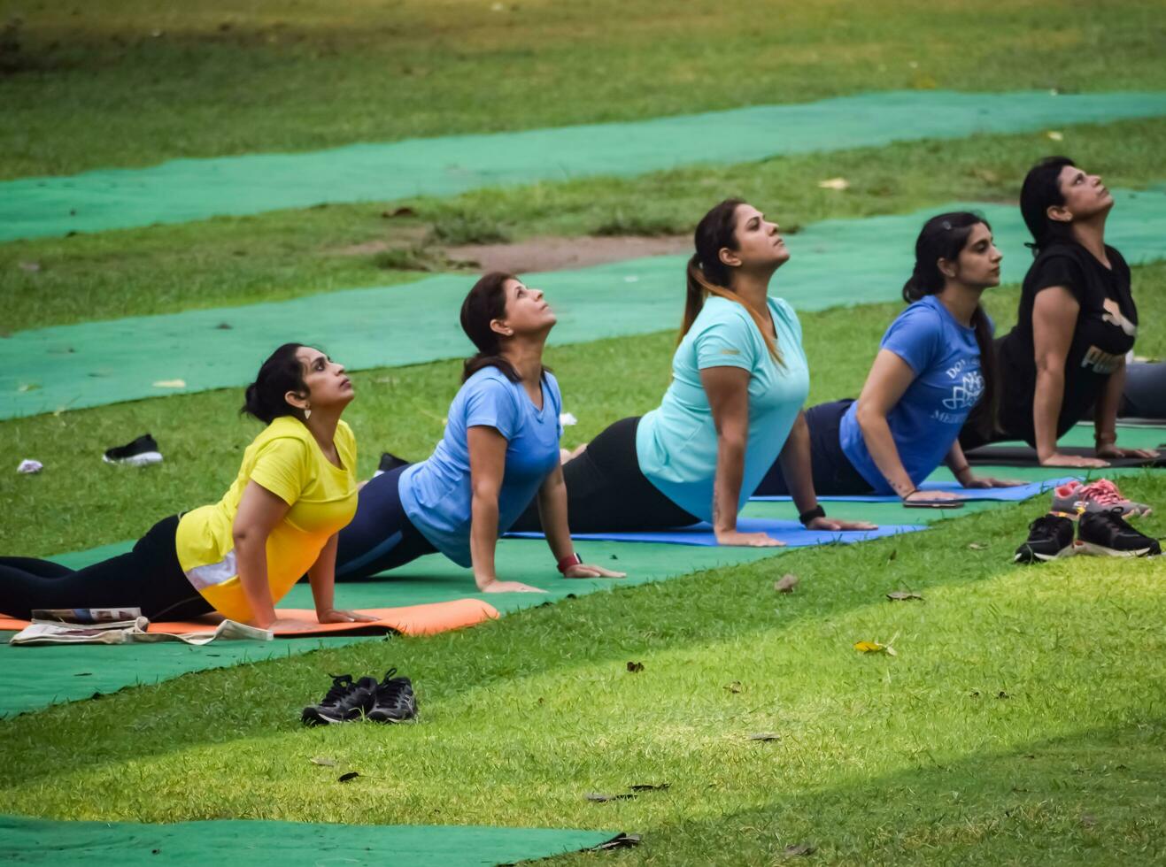 ny delhi, Indien, juni 23 2023 - grupp yoga övning klass surya namaskar för människor av annorlunda ålder i lodhi trädgård, internationell yoga dag, stor grupp av vuxna delta en yoga klass i parkera foto