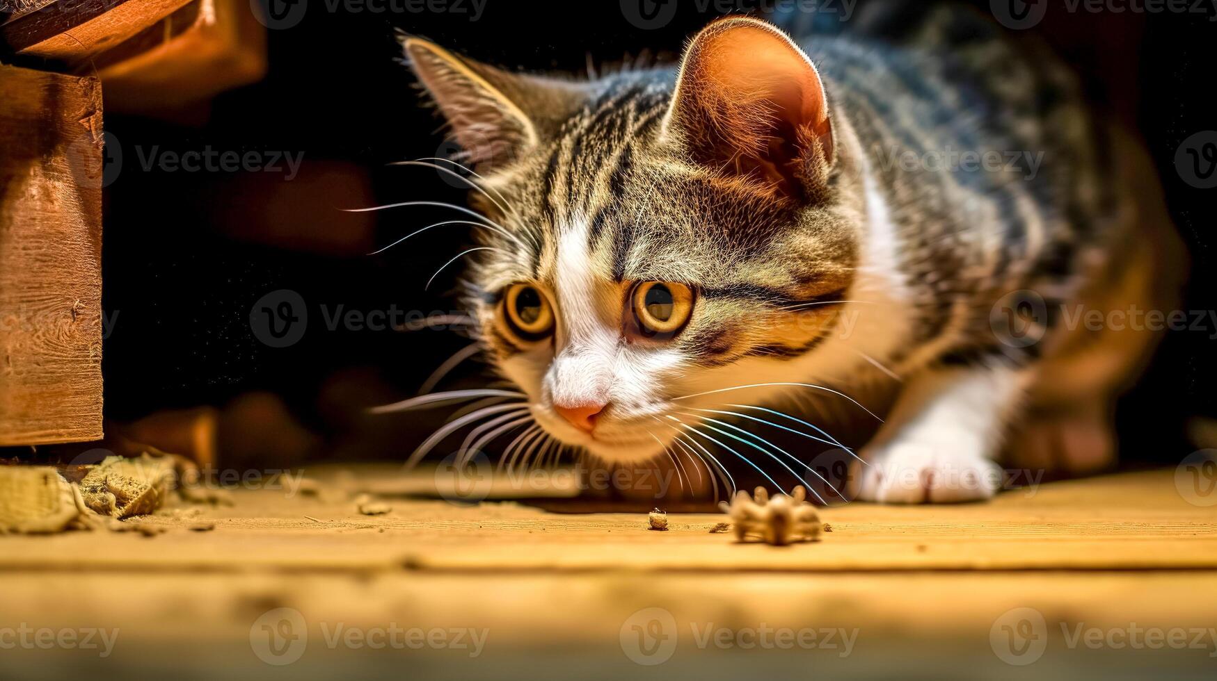 inhemsk katt väntar i dölja för byte, jakt fä, tillverkad med generativ ai foto