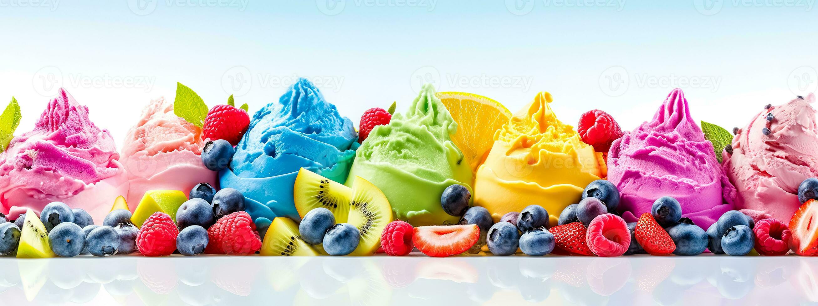 ljuv färsk frukt och is grädde bollar, gelato baner tillverkad med generativ ai foto