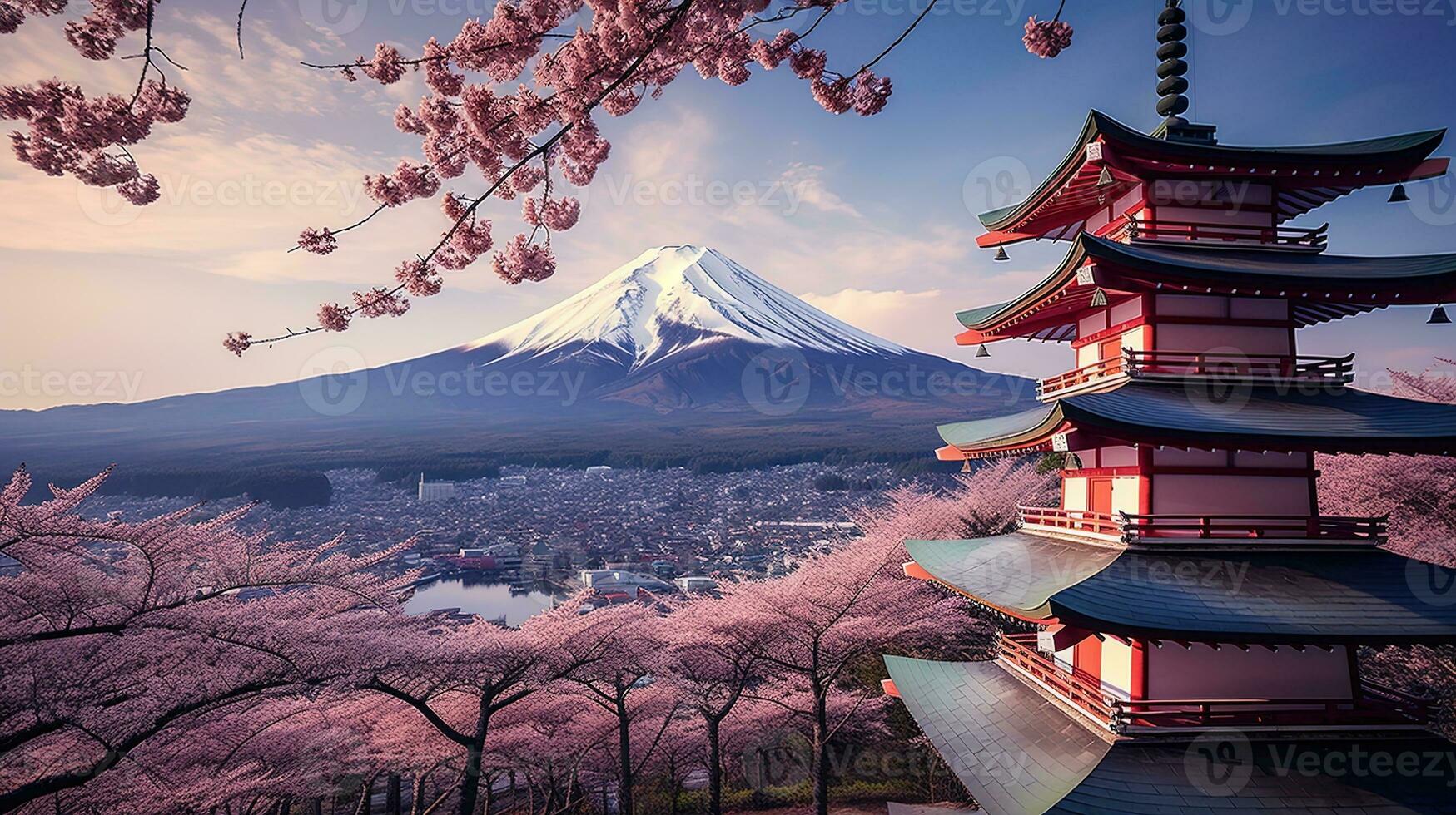 Foto av chureito pagod och montera fuji i japan med körsbär blommar i vår, genererad förbi ai