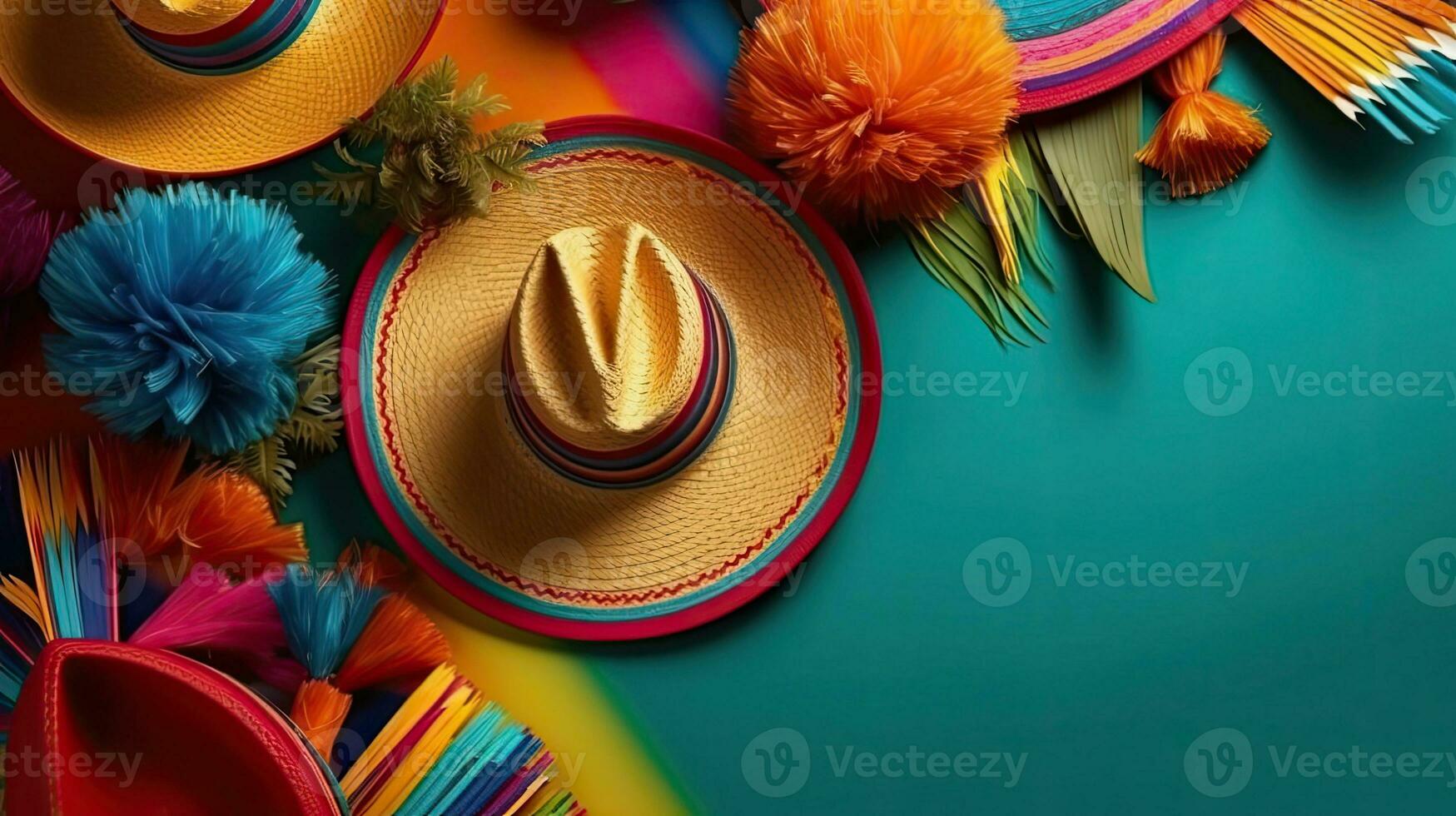 cinco de mayo baner bakgrund med en runda hatt och cinco de mayo prydnad på, ai generativ foto