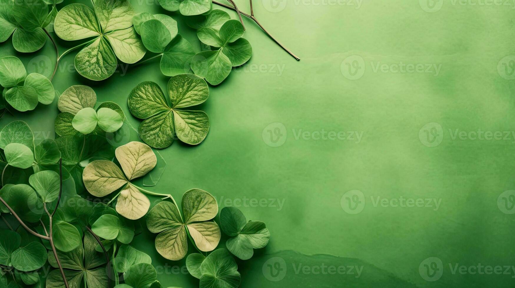 topp se av st Patricks baner begrepp design av grön löv på grön pastell bakgrund, ai generativ foto