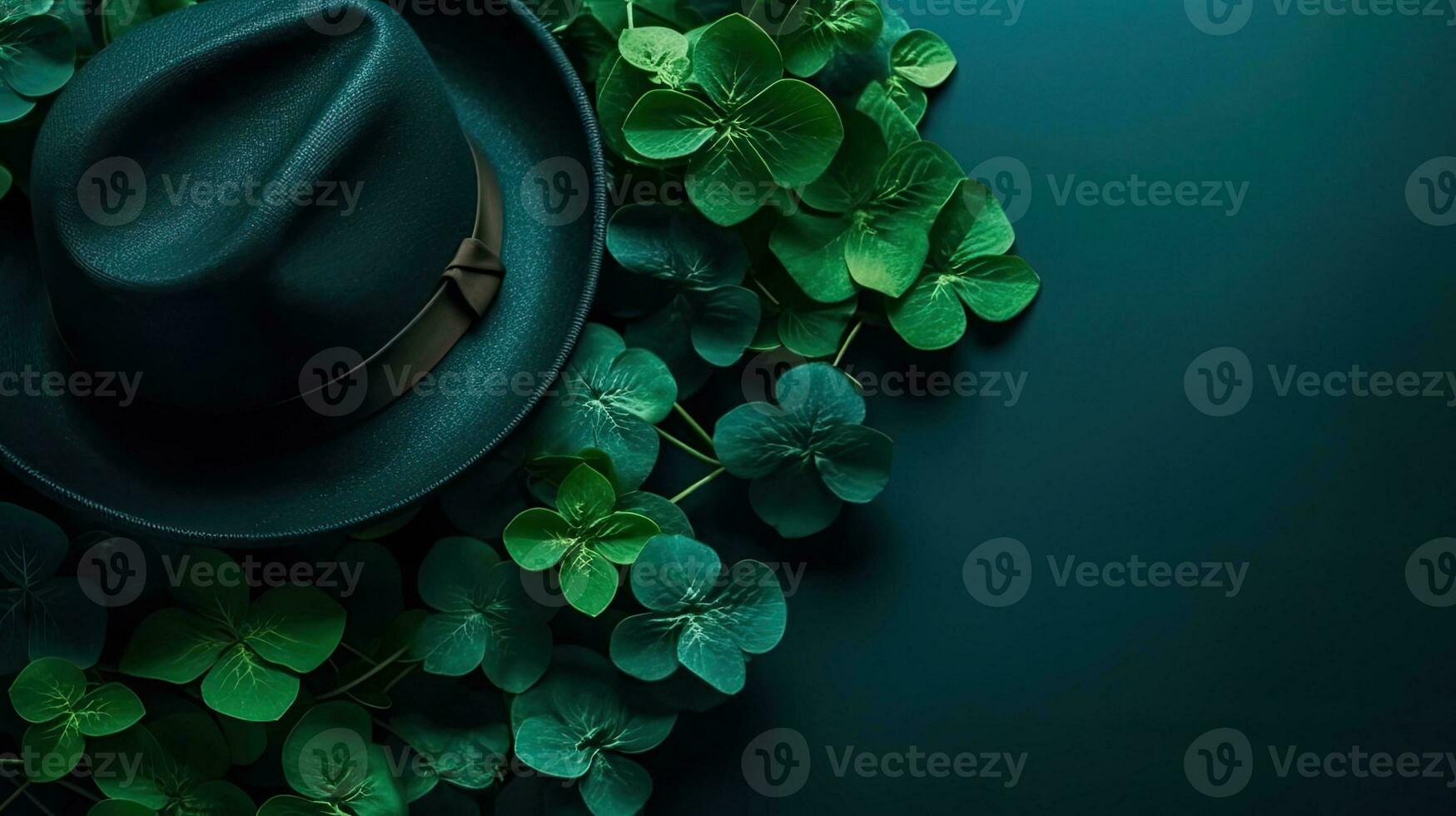 st Patricks bakgrund med grön hatt och grön löv på grön pastell bakgrund, ai generativ foto