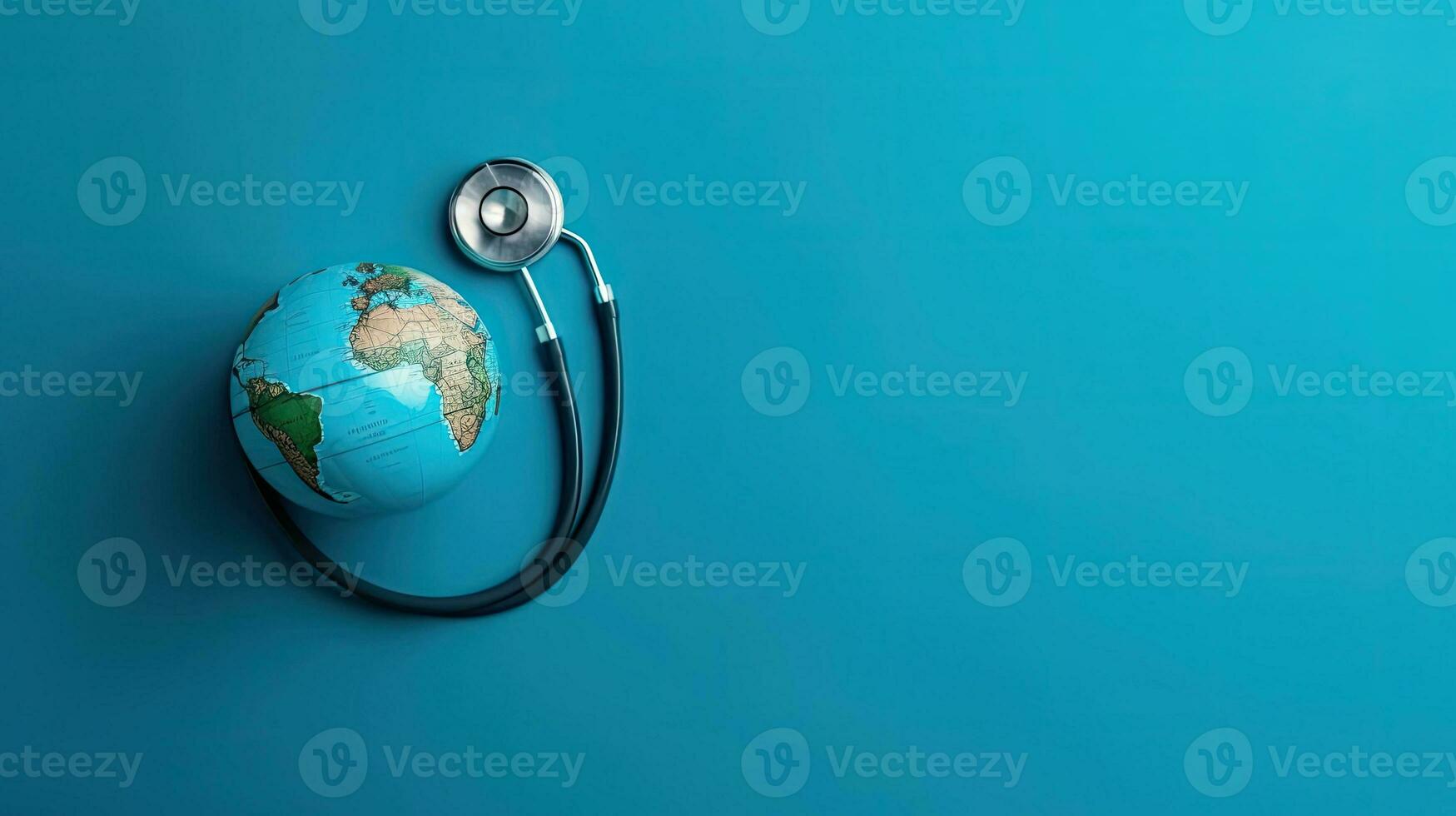 värld hälsa dag för försäljning baner bakgrund med stetoskop och miniatyr- jord på blå bakgrund, ai generativ foto