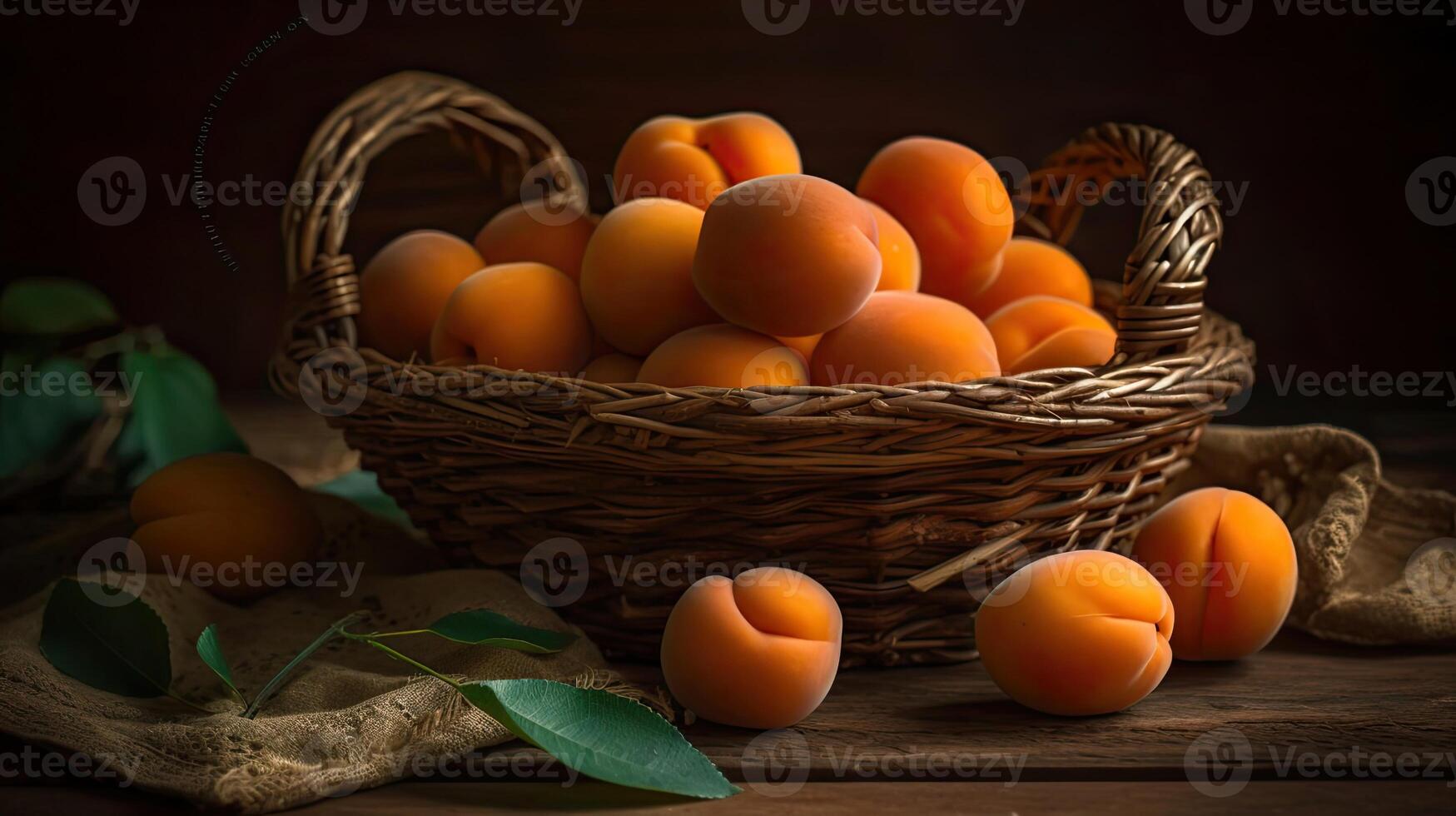 en knippa av färsk orange frukt aprikos i en bambu korg med fläck bakgrund, ai generativ foto