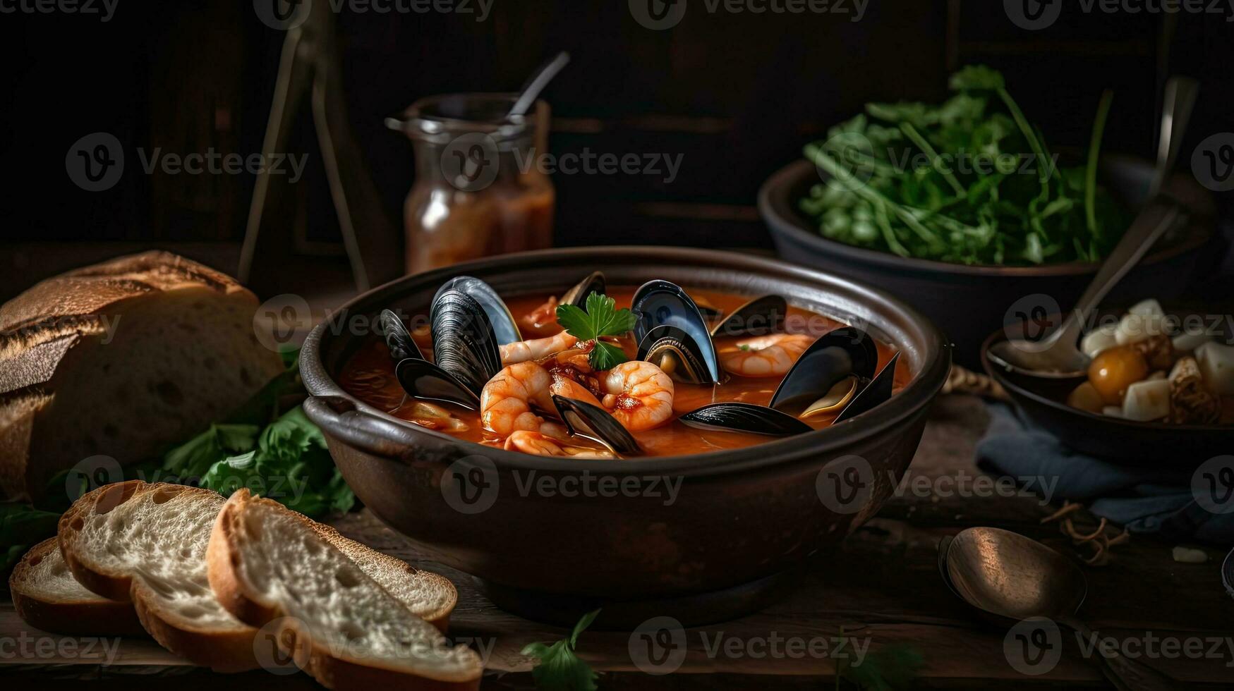 närbild cioppino soppa med mussla kött på en svart tallrik och fläck bakgrund, ai generativ foto