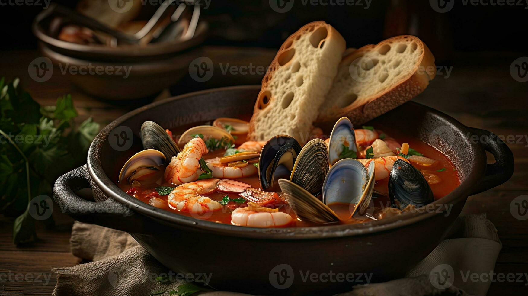 kryddad röd cioppino soppa med mussla kött på en svart tallrik och fläck bakgrund, ai generativ foto