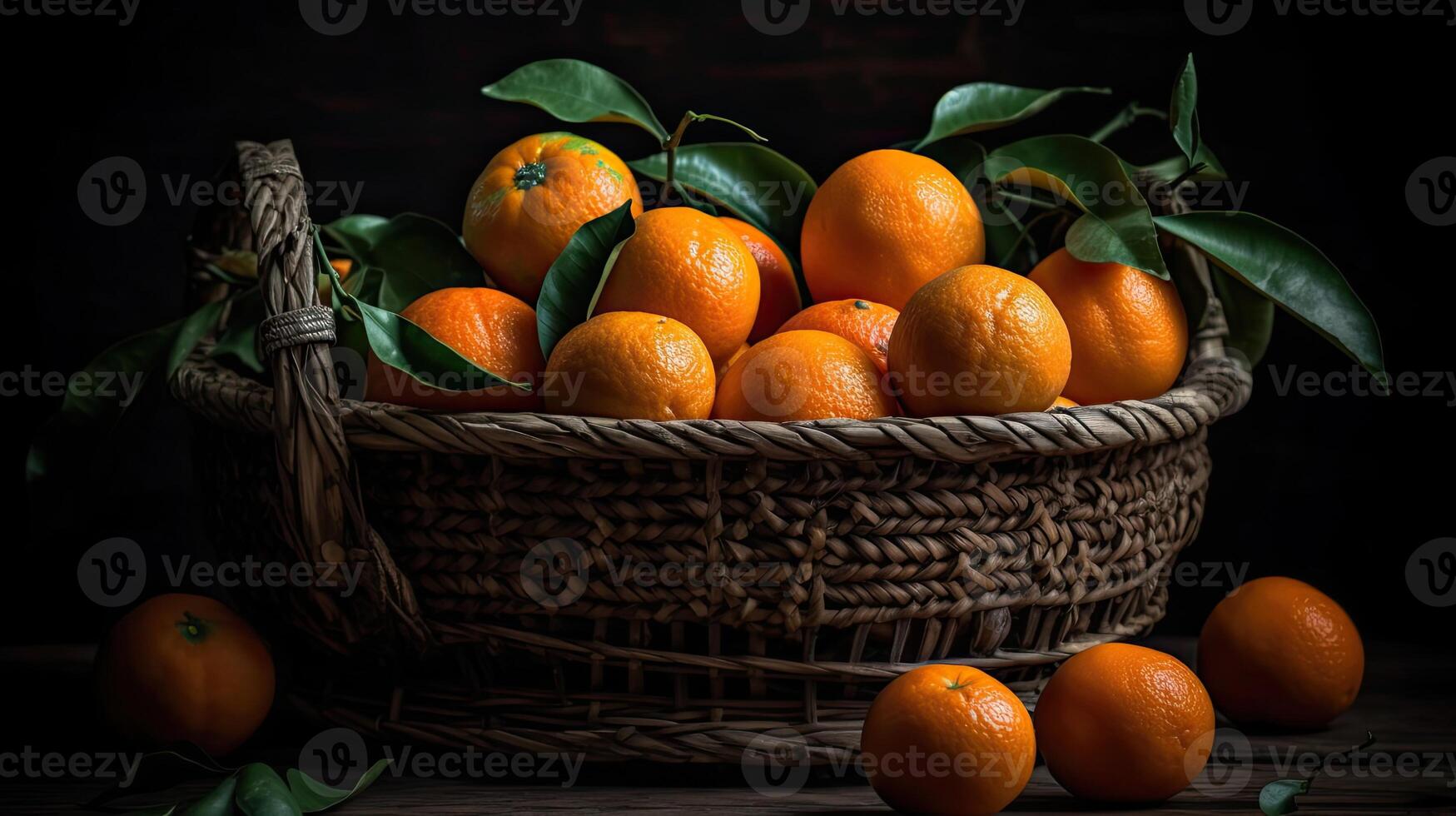 färsk mandarin i en bambu korg med suddig bakgrund, ai generativ foto