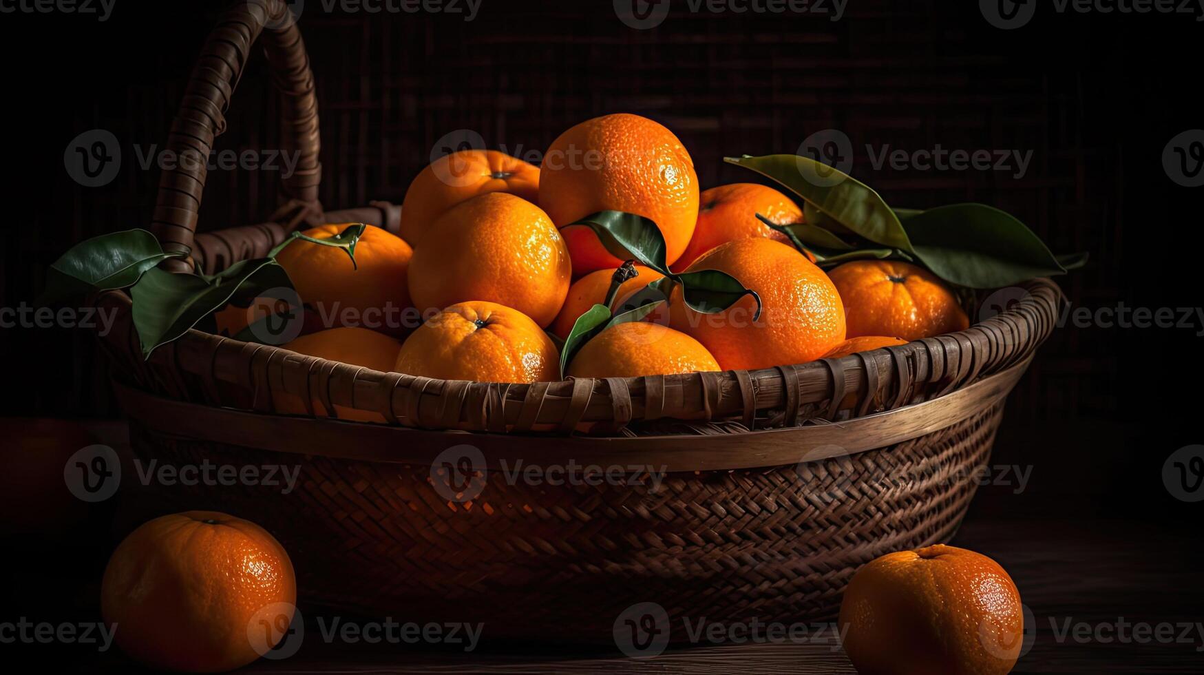 närbild färsk mandarin i en bambu korg med suddig bakgrund, ai generativ foto