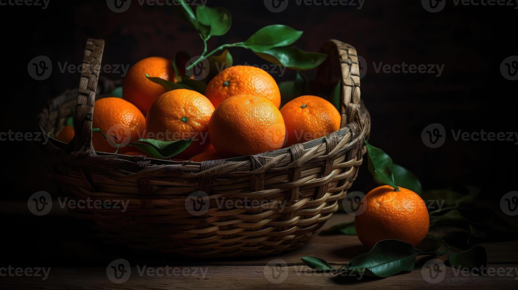 närbild färsk mandarin i en bambu korg med suddig bakgrund, ai generativ foto