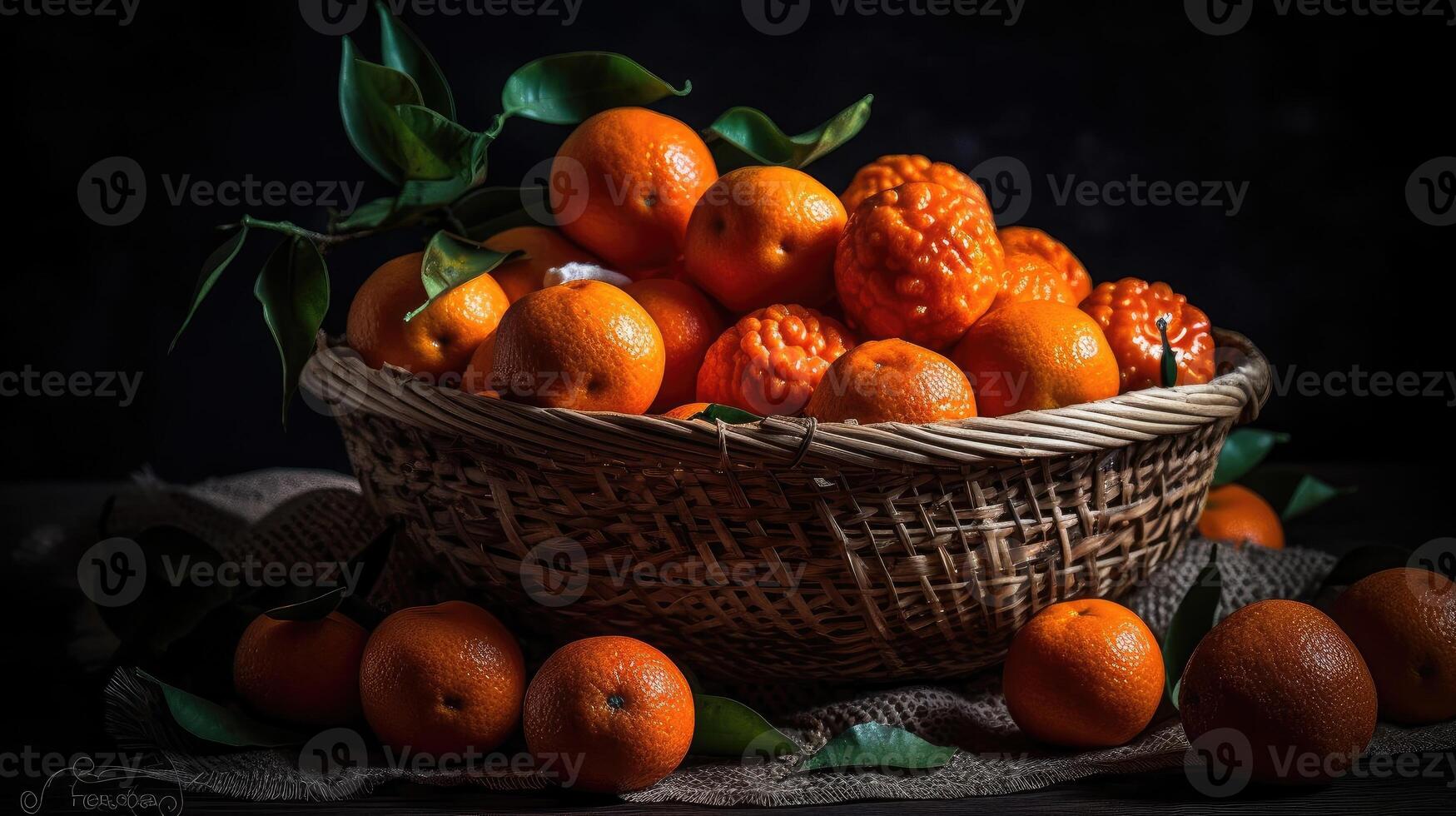 närbild färsk mandarin i en bambu korg med suddig bakgrund, ai generativ foto