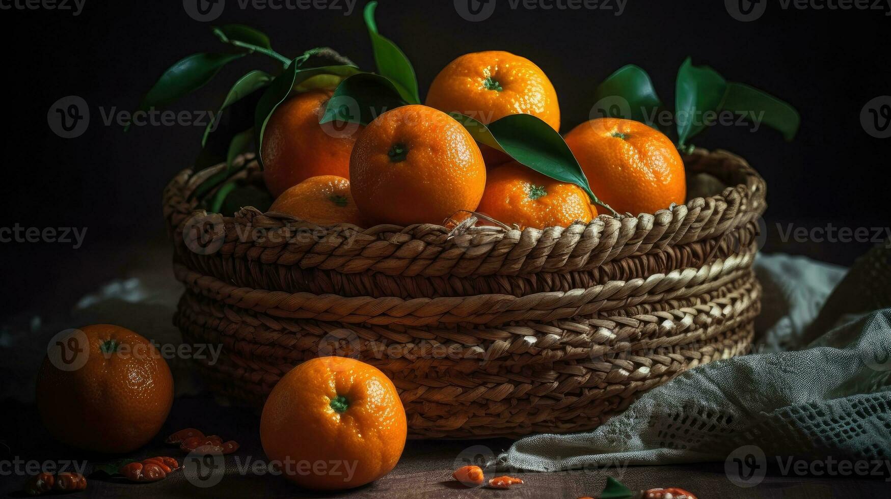 mandarin i en bambu korg med suddig bakgrund, ai generativ foto